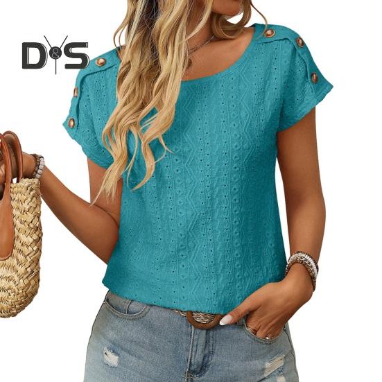 

Женская футболка с круглым вырезом и коротким рукавом, однотонный пуловер, топы с ажурным вышитым узором, футболка для повседневной носки S синий