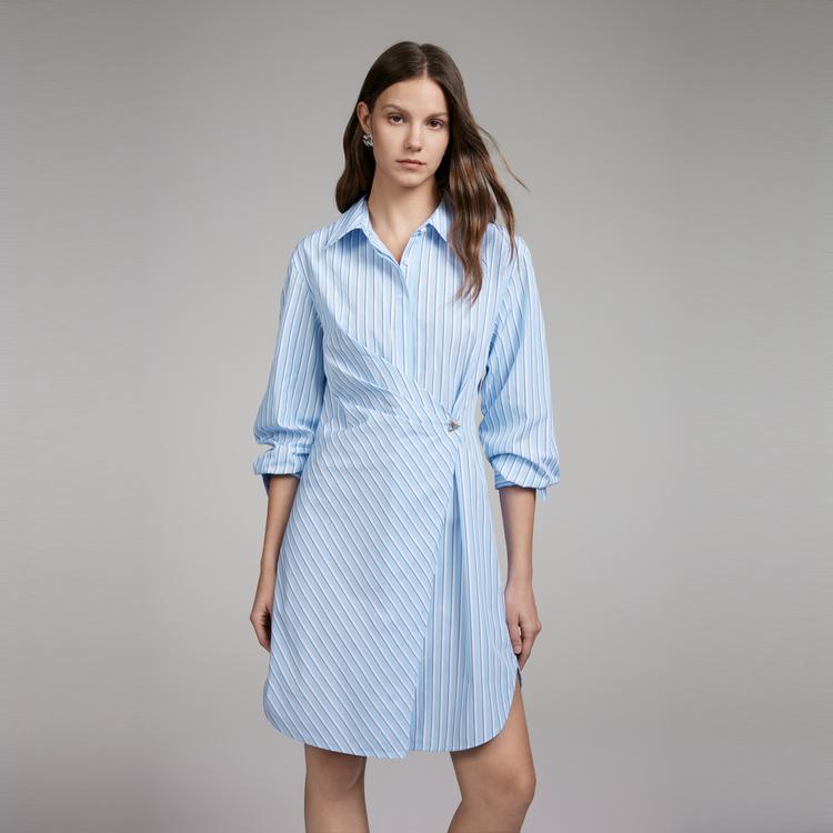 ELLE Irregular Pleated Striped Polo Neck Mid-Length Long Sleeve Dress Women dress Blue EL40030