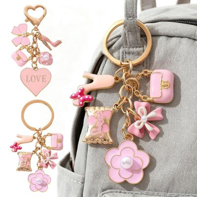 Keychain Pendant with Faux Pearl Embellishment Enamel Heart Bowknot Flower Charm Key Chain Decorative