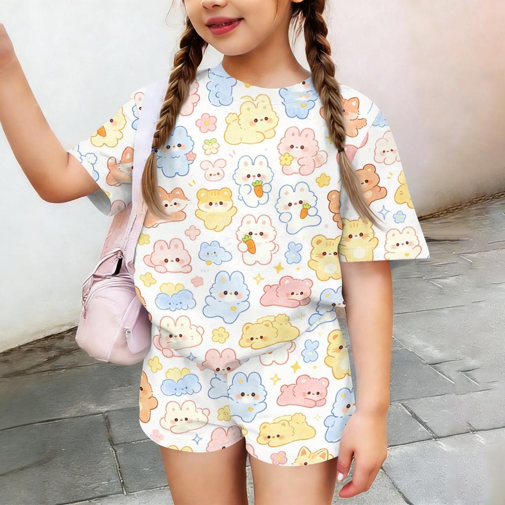 Kids Casual Short Sleeve Shirt and Shorts Set Animal Print Two Piece Outfit Lightweight Comfortable Summer Wear for Boys and Girls