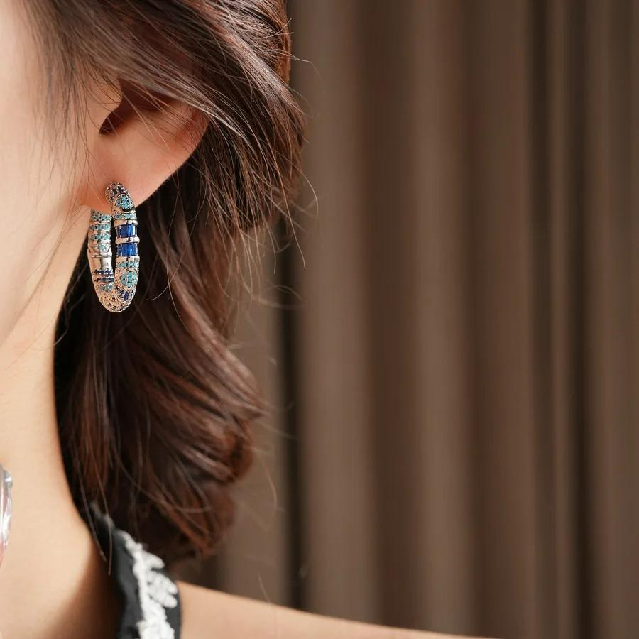 New Retro Luxury Blue Zircon Hoop Earrings for Women Geometric Round Ear Buckle Loop Earrings Female Fashion Party Jewelry Gifts