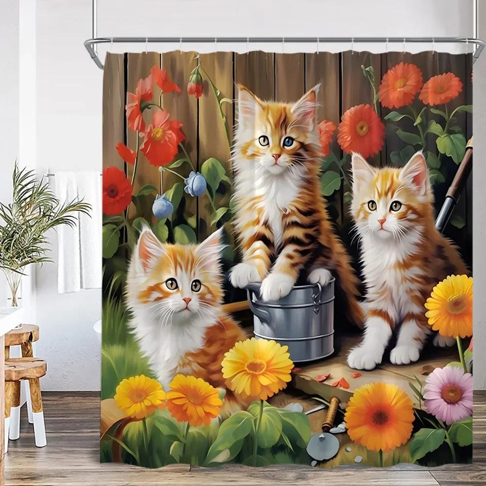 Cute Cat Shower Curtain Flower Cartoon Animal Sunflower Plant Floral Bathroom Home Decor Modern Polyester Bath Curtain with Hook