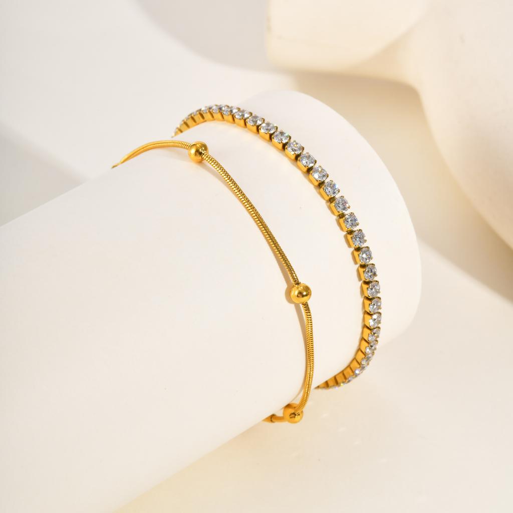 2pcs Stainless Steel Bracelets Set, Minimalist Elegant Bead Round Snake Chain Bracelet, Luxury Zircon Tennis Chain Wristband