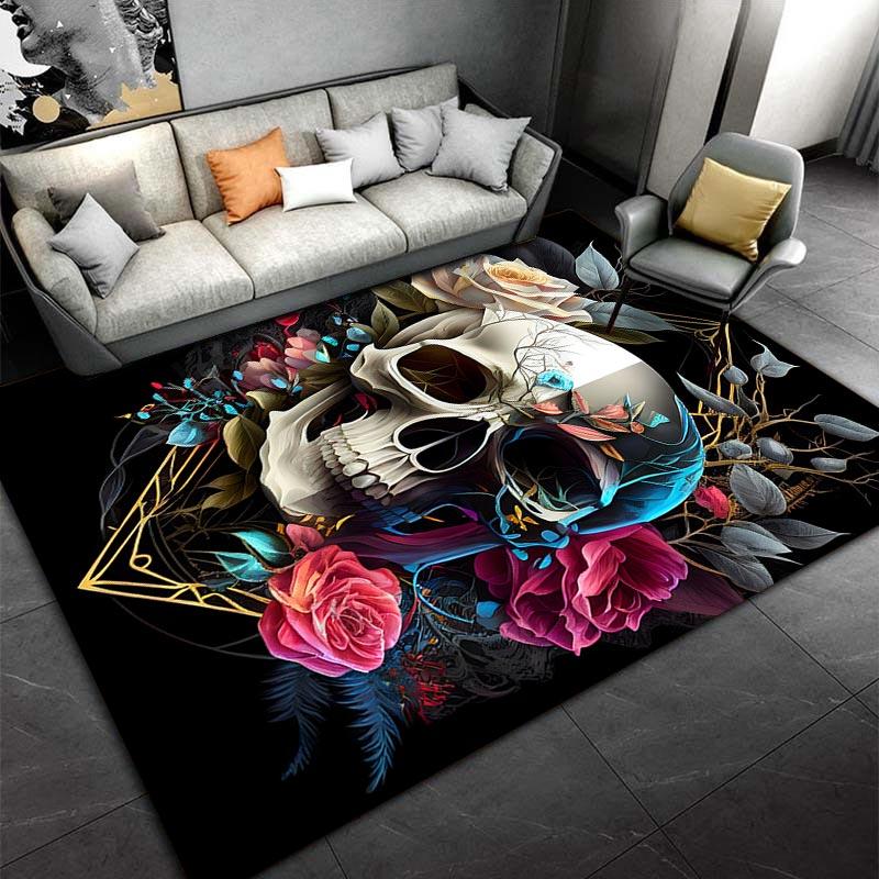 Schädel- und Blumenmuster-Teppich mit Rosen und abstrakten Elementen, geeignet als Antirutsch für Wohnzimmer, Schlafzimmer, Sofas