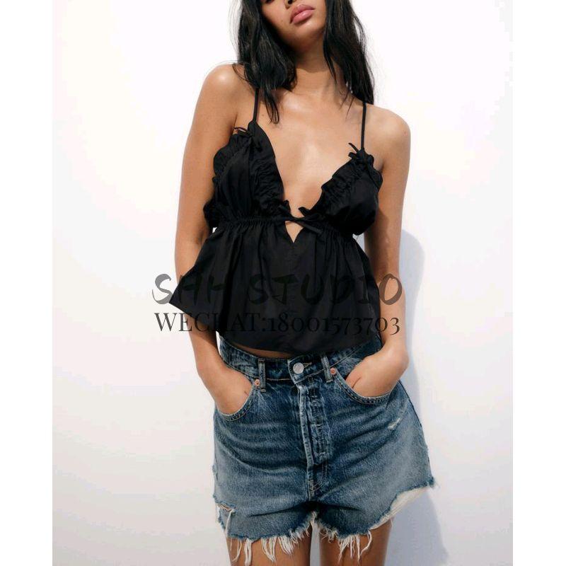 Spring New French Pure Desire Style Sweet V-neck Camisole Bowknot Decoration Poplin Tops 3358733