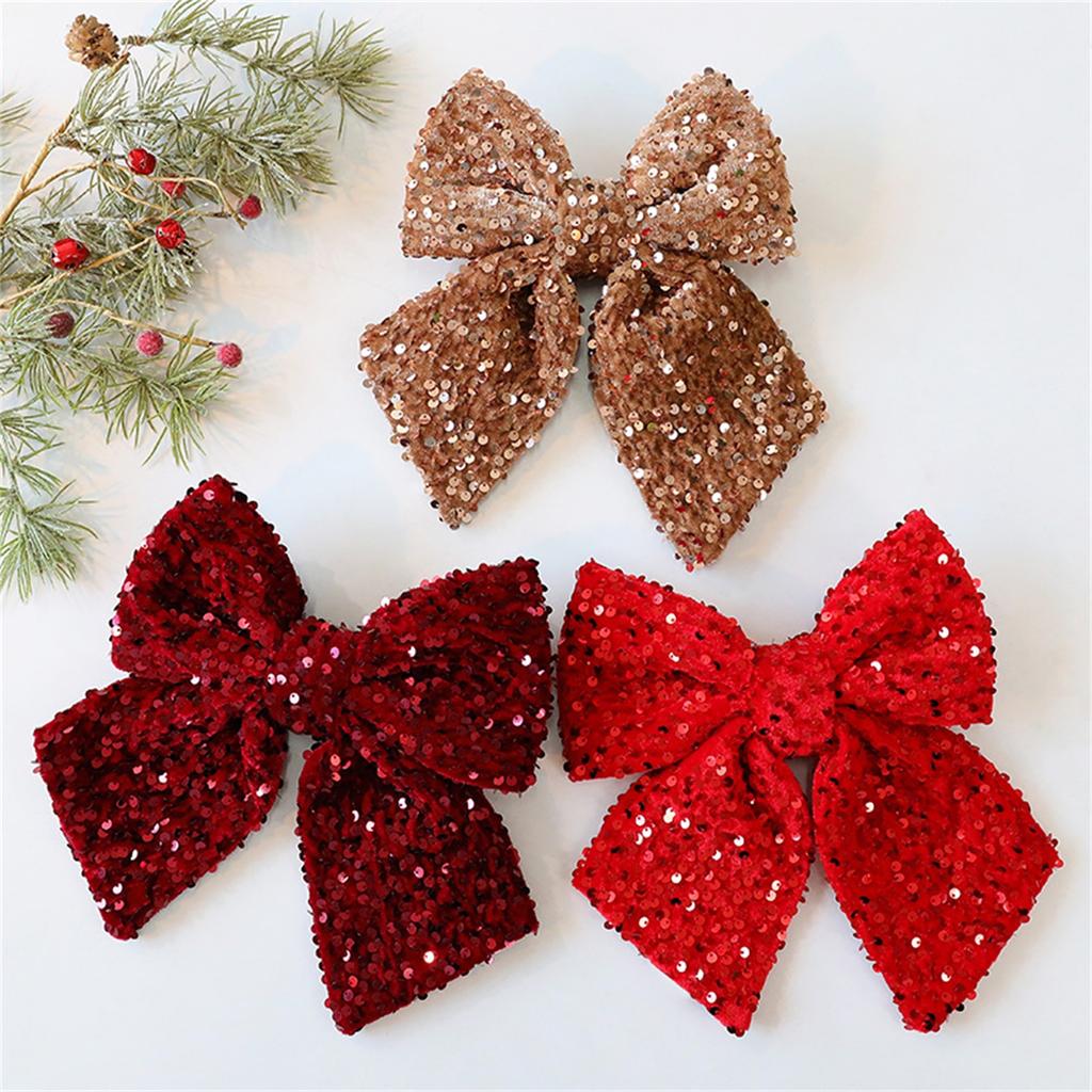 Christmas Velvet Bow 9.84in × 9.84in Sequin Fabric Christmas Bow Sparkling Bow Holiday Ornament For Christmas Tree Decoration
