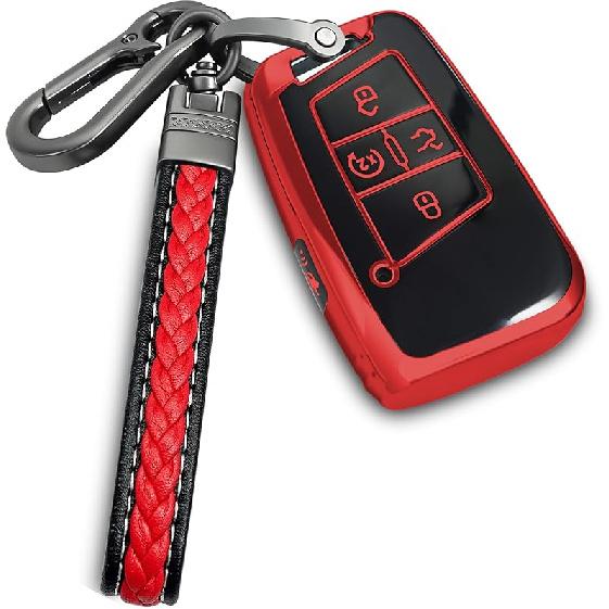 for Volkswagen key fob cover with metal/leather keychain,TPU 5 Buttons Key case,compatible with Tiguan Atlas Jetta Passat Golf Alltrack Remote smart
