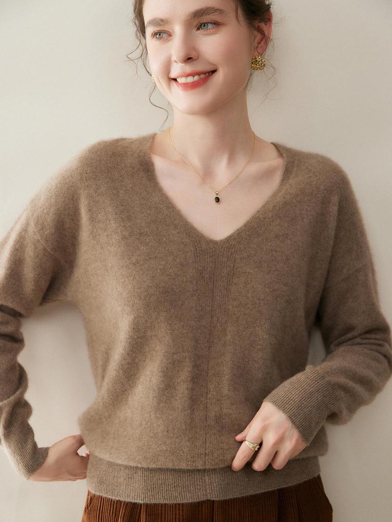 Women's V-Neck Seamless Cashmere Sweater: Brushed Finish, Long Sleeve, Solid Color
