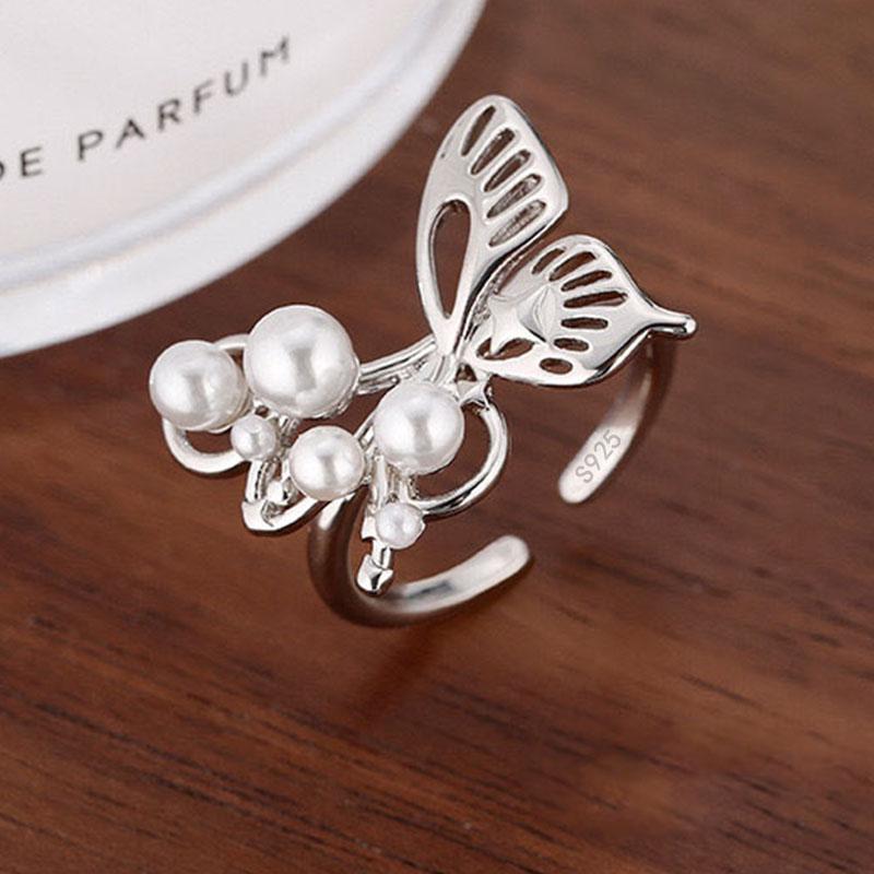 

925 Sterling Silver Rings For Women Geometric Fine Jewelry Finger Adjustable Simple Butterfly Pearl Ring For Party Birthday Gift resizable