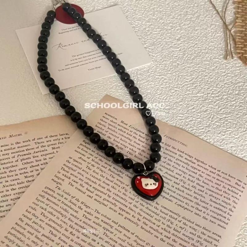 Sweet cool wind~ retro niche design dark kitty cat cartoon cute beaded necklace collarbone chain sweater chain