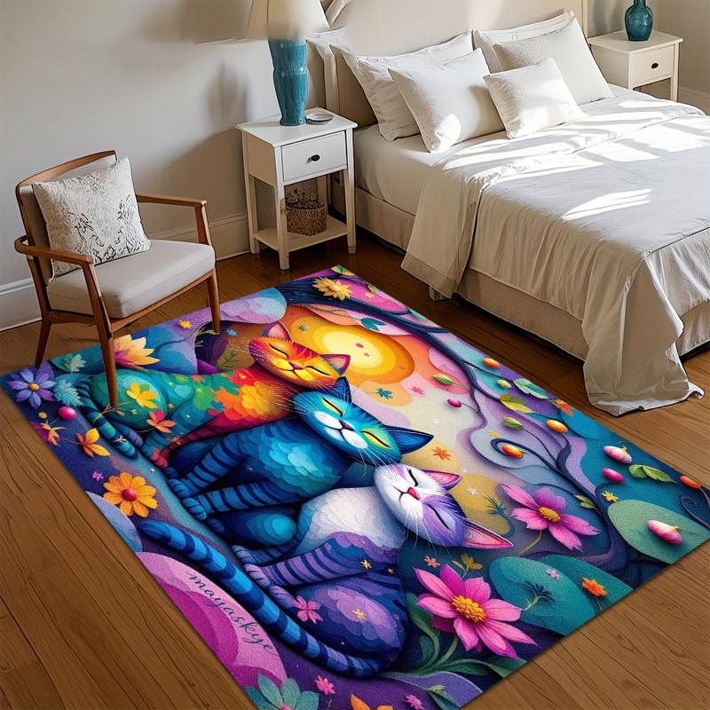 Cute Area Rug Carpet Soft Non Slip Rainbow Shooting Star Cat Floor Mat for Bedroom Living Room Kids Room Home Decor
