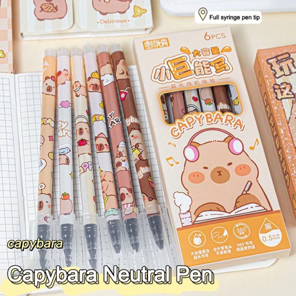 6Pcs 0.5mm Capybara Gel Pens Quick-drying Neutral Pen Cute Black Ink Pens  Writing Stationery