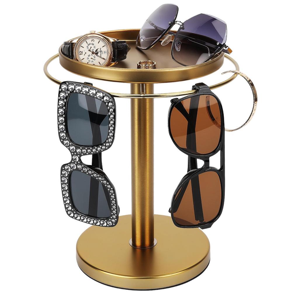 Elegant 360° Rotating Eyewear Organizer, Stainless Steel Glasses Stand with Display Tray, Perfect for Desk, Dresser, Nightstand, and Home (Gold)