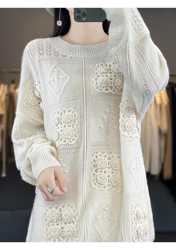 2025 Autumn/Winter Women's Loose Crochet Sweater, 100% Australian Wool, Low Round Neck, Trendy Korean Lazy Style