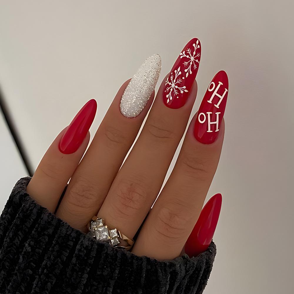 24Pcs Christmas Press on Nails White Snowflake Fake Nails French Almond Glitter Artificial Nails Full Cover Nail New Year Gifts