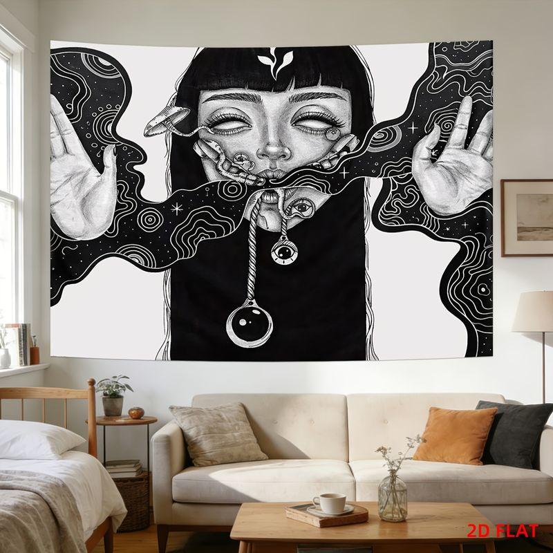 Wall Tapestry Dark Surrealing Psychedelic Girl Tapestry Black and White Hand Drawn Universe Mushroom Print Tapestry