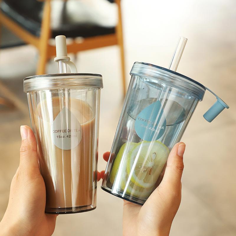 Double Layer Straw Milk Tea Cup With Lid Portable Water Mug Fruit Tea Cup Small Creative Plastic Cup For Summer Gift Water Cup