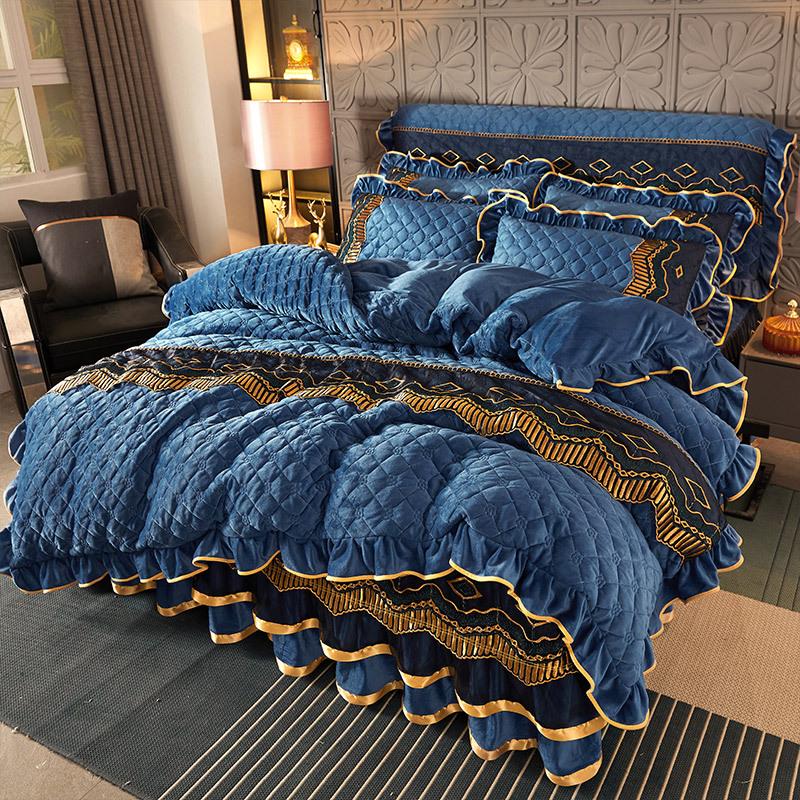 Winter Crystal Velvet Lace Bed Skirt Single Piece Thick Quilted Milk Fiber Bedspread Duvet Cover Bedding