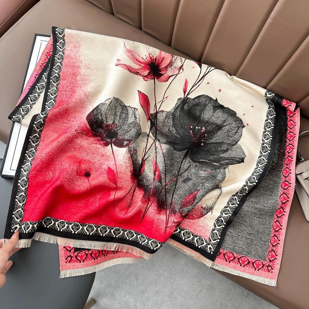 Winter Lotus Flower Style Artistic Scarf Retro Elegant Faux Cashmere Floral Women'S Warm Scarf Air Conditioner Shawls