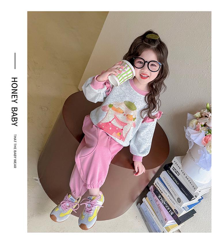 Girls' Sweet Cartoon Sweatshirt Set - Spring/Autumn Fashion Two-Piece Casual Outfit.