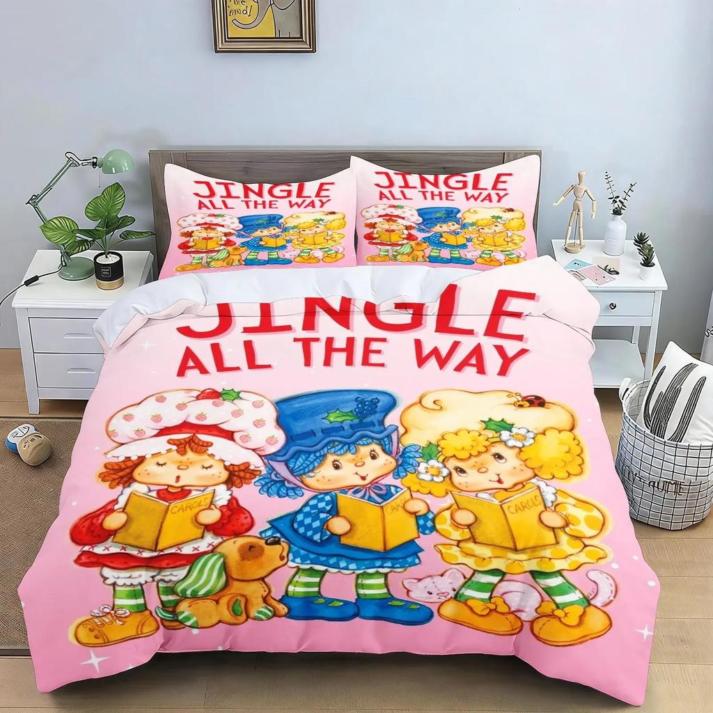 3D Cute Girls Strawberry Shortcake Bedding Set Colorful Cartoon Strawberry Girl Pattern Duvet Cover Pillowcase Home Decor Room