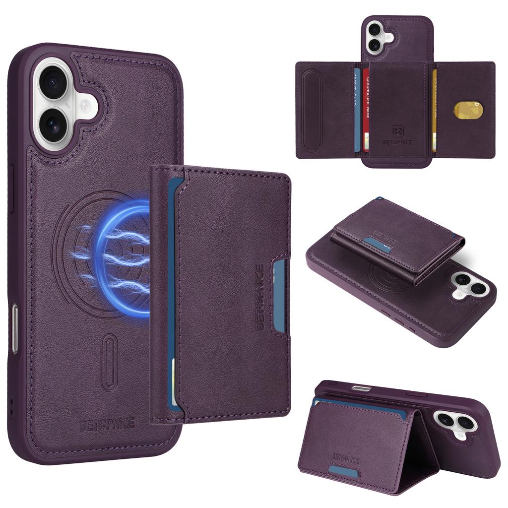 For iPhone 16 Plus Magnetic Case BETOPNICE Leather Phone Cover Kickstand with Detachable Card Bag