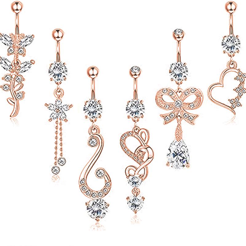 Navel Ring Set: 6-Piece Zircon Belly Button Rings with Bow and Water Drop Pendant