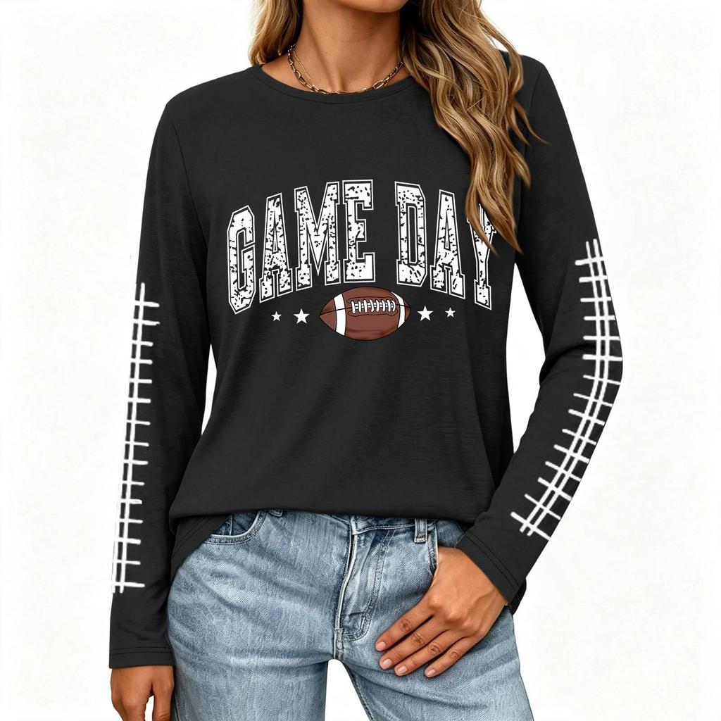 Women's Casual Long Sleeve Neck Top with Rugby Print and Side Slit for Everyday Wear