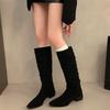 Fashion Autumn Winter Pleated Woman Knee-High Boots Fashion Pointed Toe Long Booties Street Style Square Heels Shoes