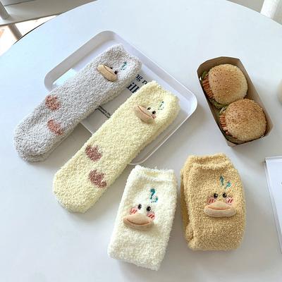 Cute Cartoon Women's Soft Slipper Socks Autumn Winter Solid Color Thickened Duck Socks Coral Velvet Plush Middle Tube Sock