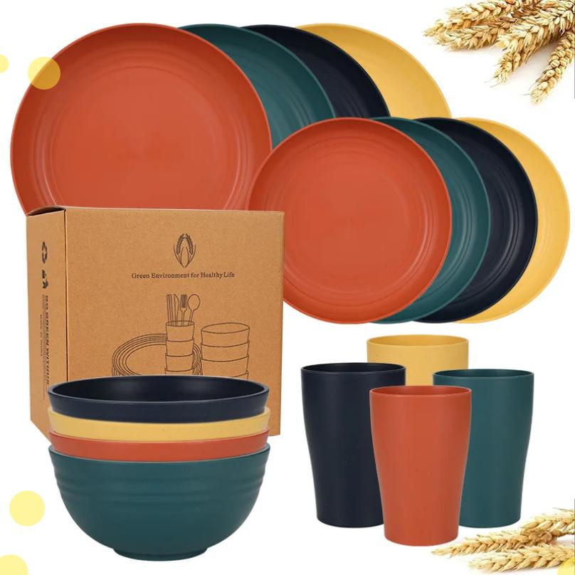 Set di Posate e Stoviglie in Paglia di Grano Naturale Set da Cena Piatti, Ciotole, Tazze Biodegradabili Indistruttibili Leggeri per Cucina Campeggio
