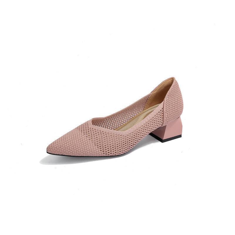 Spring and summer hollow flying knitting breathable knitting women's shoes pointed thick heel medium heel single shoes
