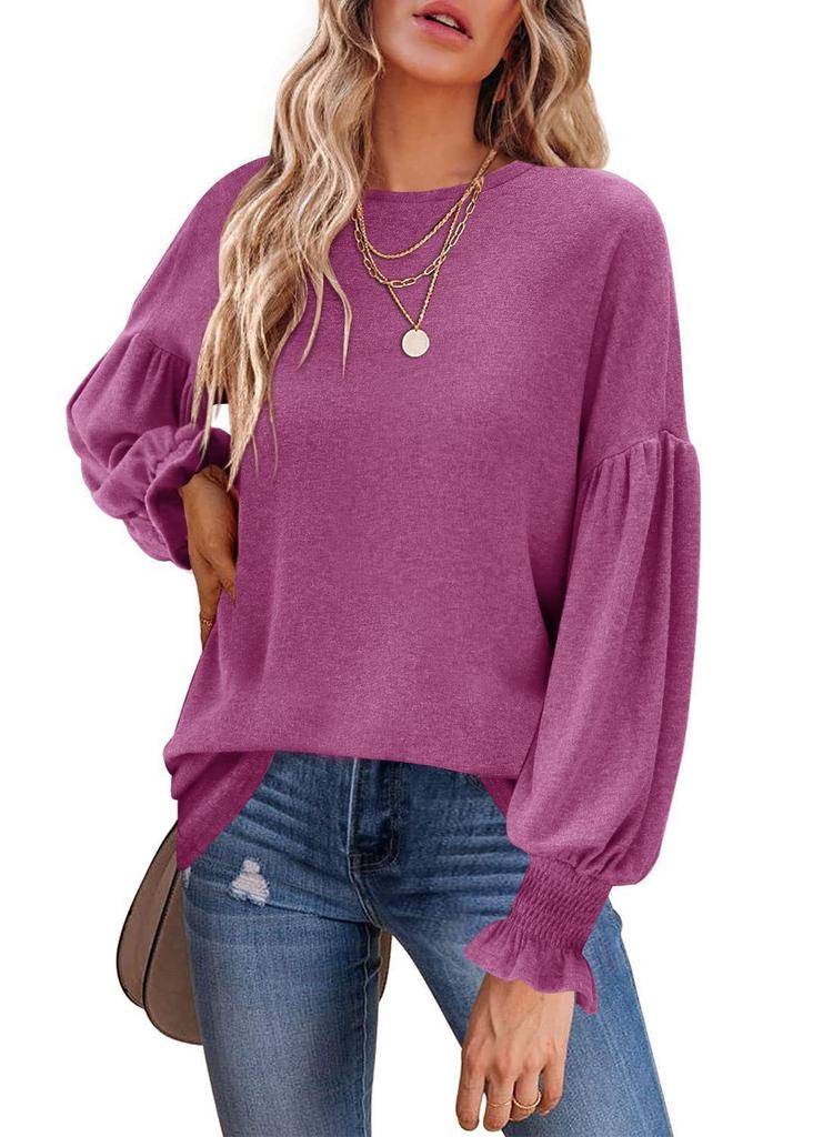 Women's tops, autumn and winter new round neck pleated lantern sleeve women's long European and American T-shirt
