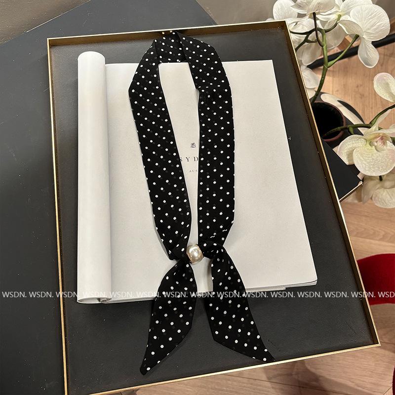 Polka dot floral pearl silk scarf women's Korean high-end sense neck ribbon decorative scarf versatile fashion small square scarf