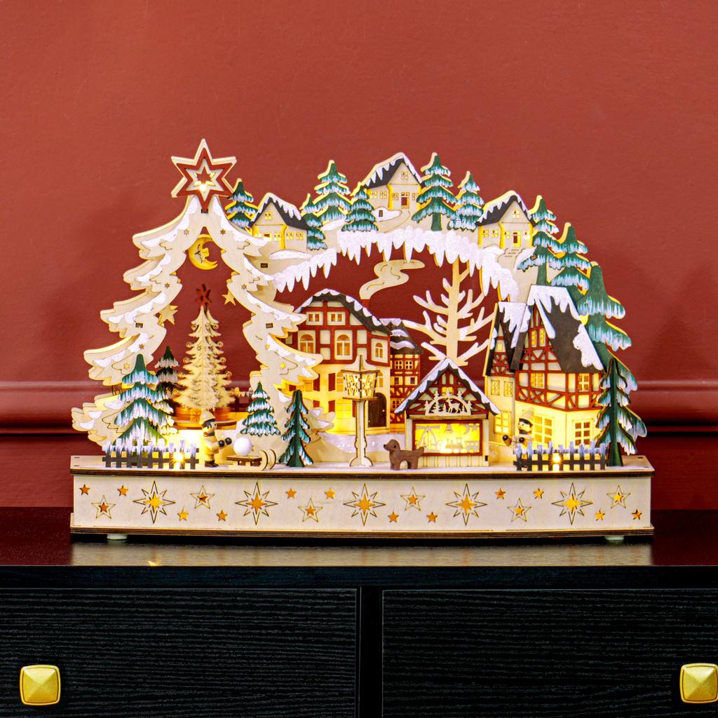 Bright Christmas village, lively wooden Christmas village, with 20 LEDs, snowy landscape, 45L x 12l x 30H cm, natural wood