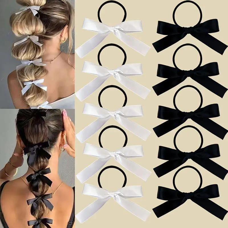 5Pcs Women Double Ponytail Hair Accessory Style Fashionable and Cute Black Bow Hair Tie Ballet Style Retro Ribbon Headband