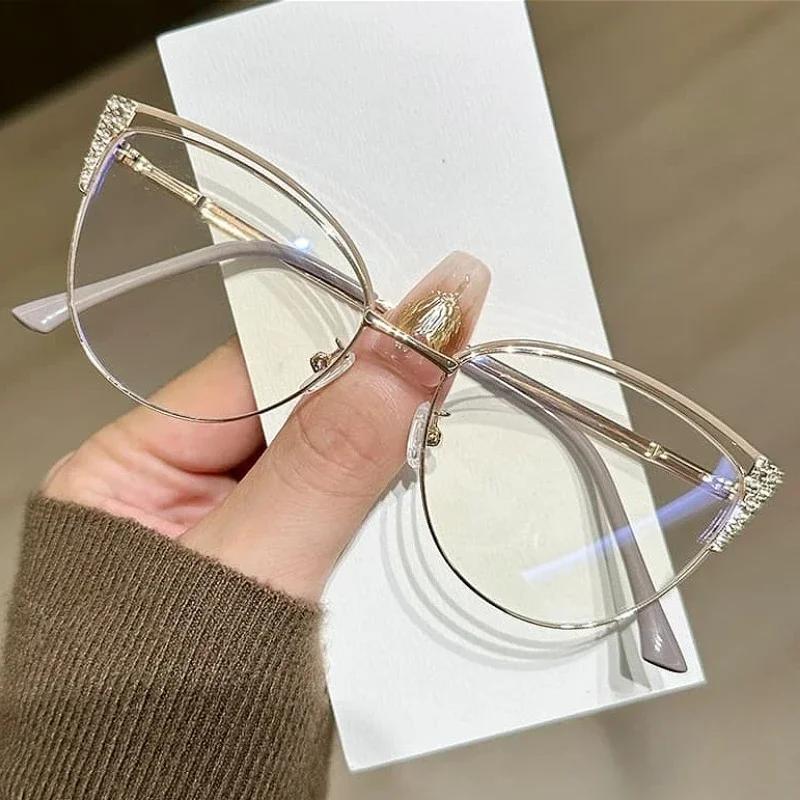 Trendy Metal Cat Eye Frame Anti Blue Light Glasses Diamond Studded Unisex European American Style