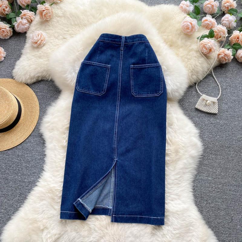 Denim Skirt Mid Length Women's Back Split Summer Korean High Waist Versatile A-Line Skirt Long Skirt