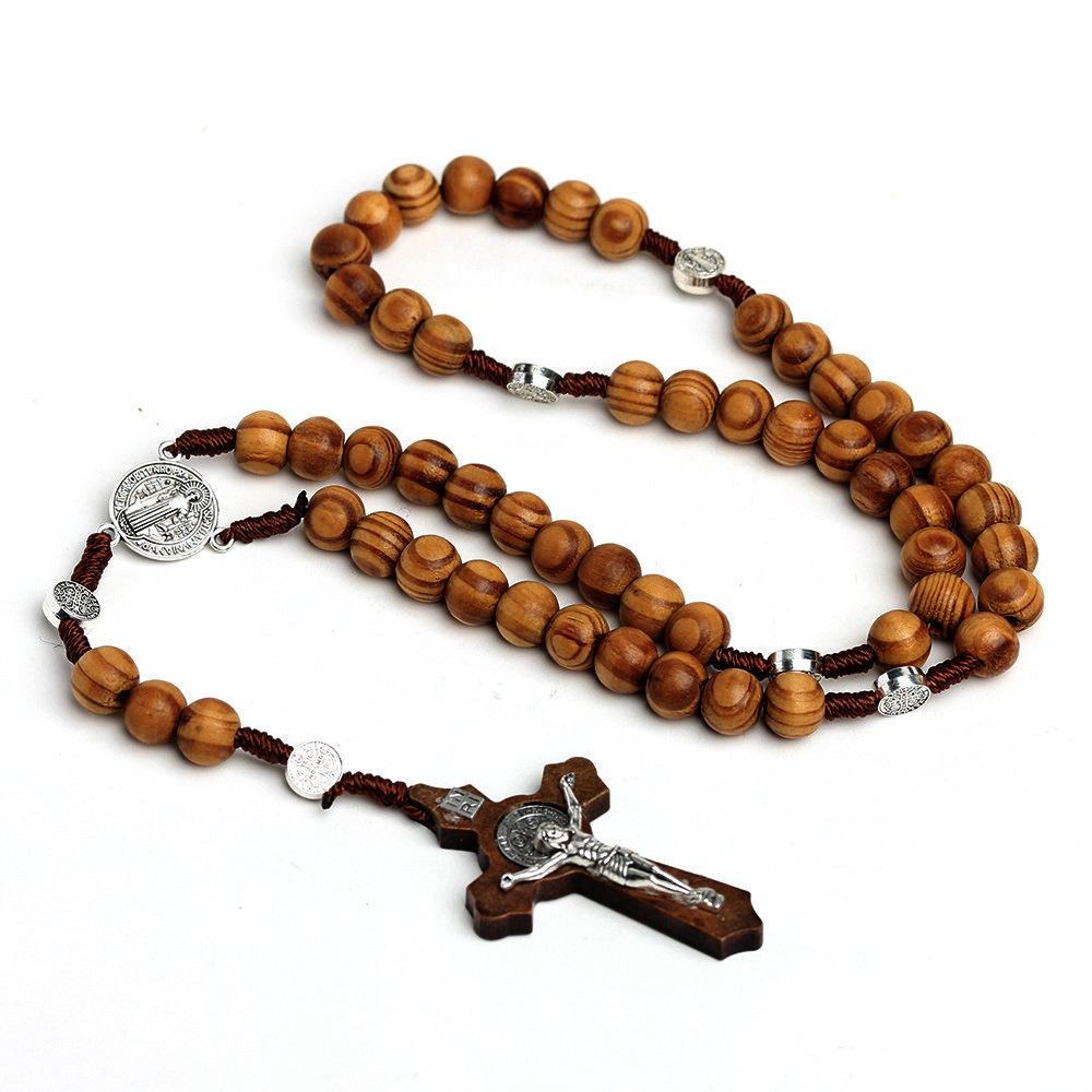 Wood Beads Rosary Cross Necklace For Women Men Christian Virgin Mary INRI Pendant Chain Fashion Religion Jewelry