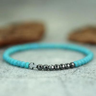 Minimalism 4mm Small Beads Bracelet Men Women Natural Hematite Turquoises Volcanic Cross Stone Pray Braclet Healing Couple Joias