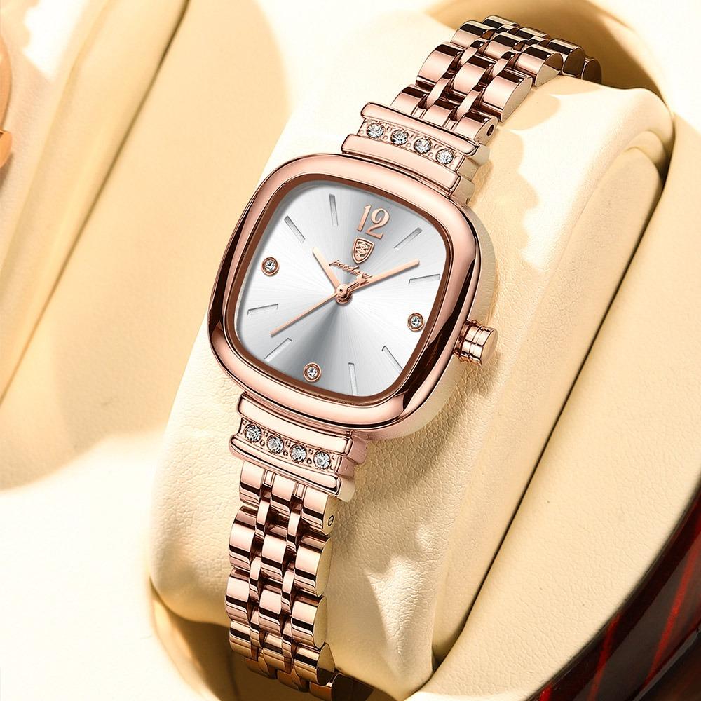 POEDAGAR Luxury Ladies Square Watch Rose Gold Stainless Steel Band with Waterproof Casual Quartz Wristwatch for Women