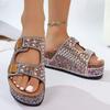 Women S Rhinestone Beach Slides Double Buckle Thick Sole Soft Cork Summer