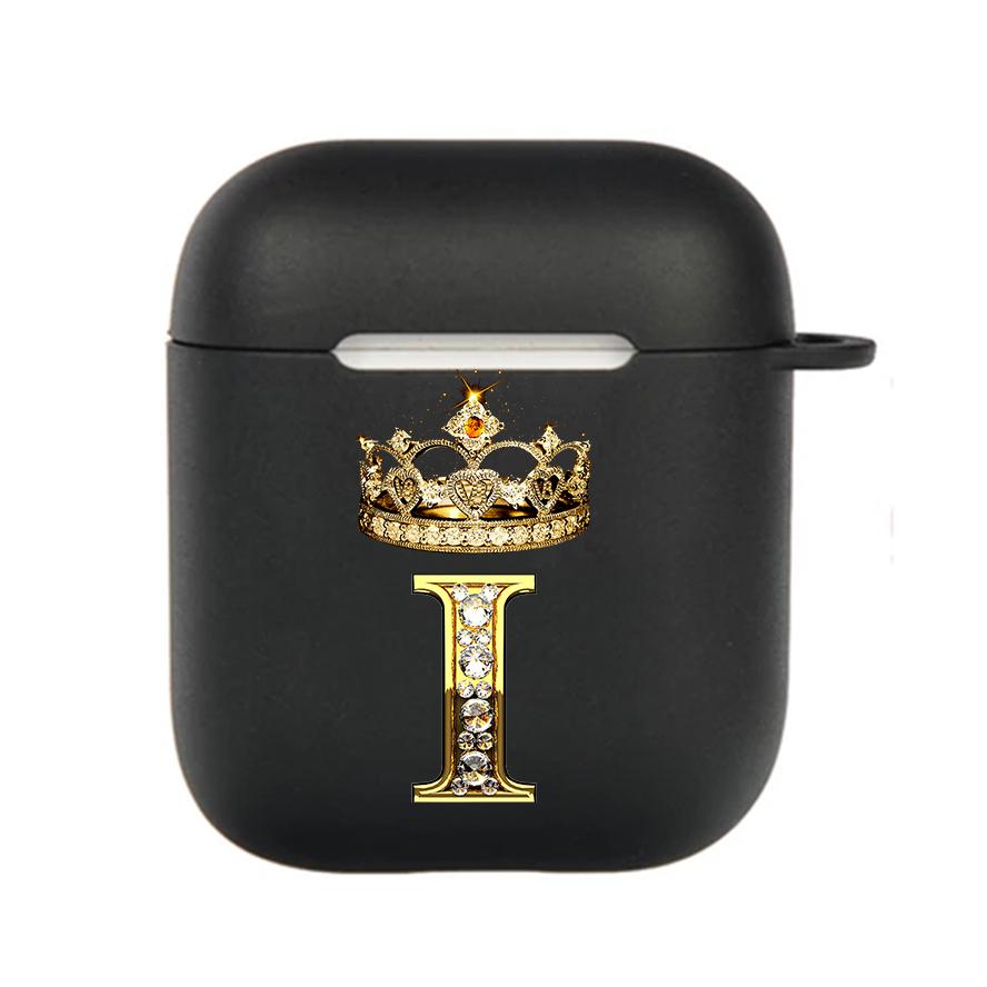 Diamond Crown Letter 26 With Hook Case For AirPods 2 3 1 Cases For Apple AirPods Pro 2 Coque Black TPU Soft Earphone Cover
