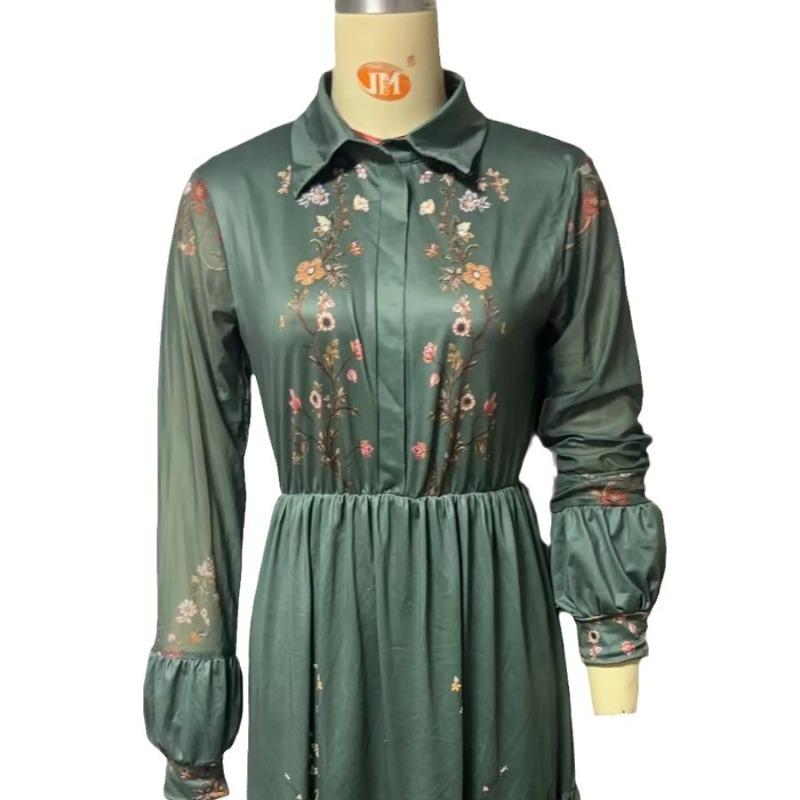 Abito Lungo da Donna a Maniche Lunghe Stampato con Collo a Camicia Abito Lungo