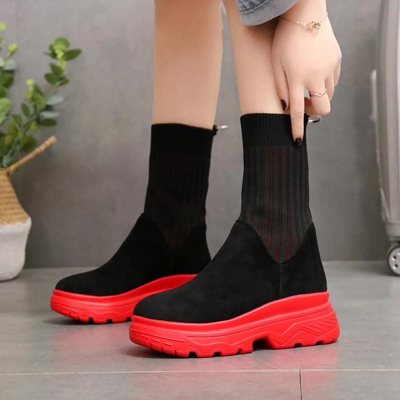 Mode Damen Schuhe 2024 Übergröße Halbwaden Damenstiefel Gestrickte Stretchstiefel Damen Runde Zehe Slipper Mittelhoch Absatz Plateauschuhe Damen