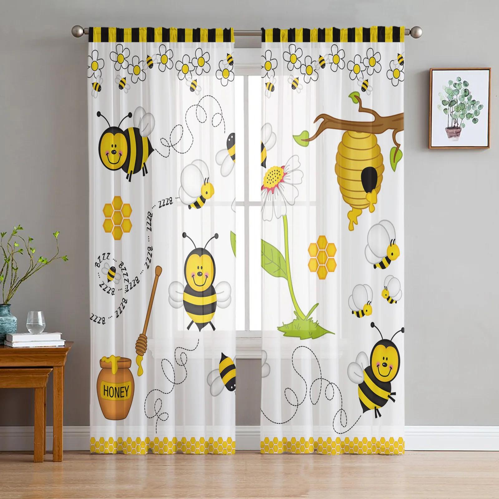 

Animated Cartoon Bee Cute Square Pattern Soft Tulle Transparent Curtains Perfect for Living Room Decoration Window Panel Curtain for Bedroom Sheer W135 x H115cm x1&Grommet Top