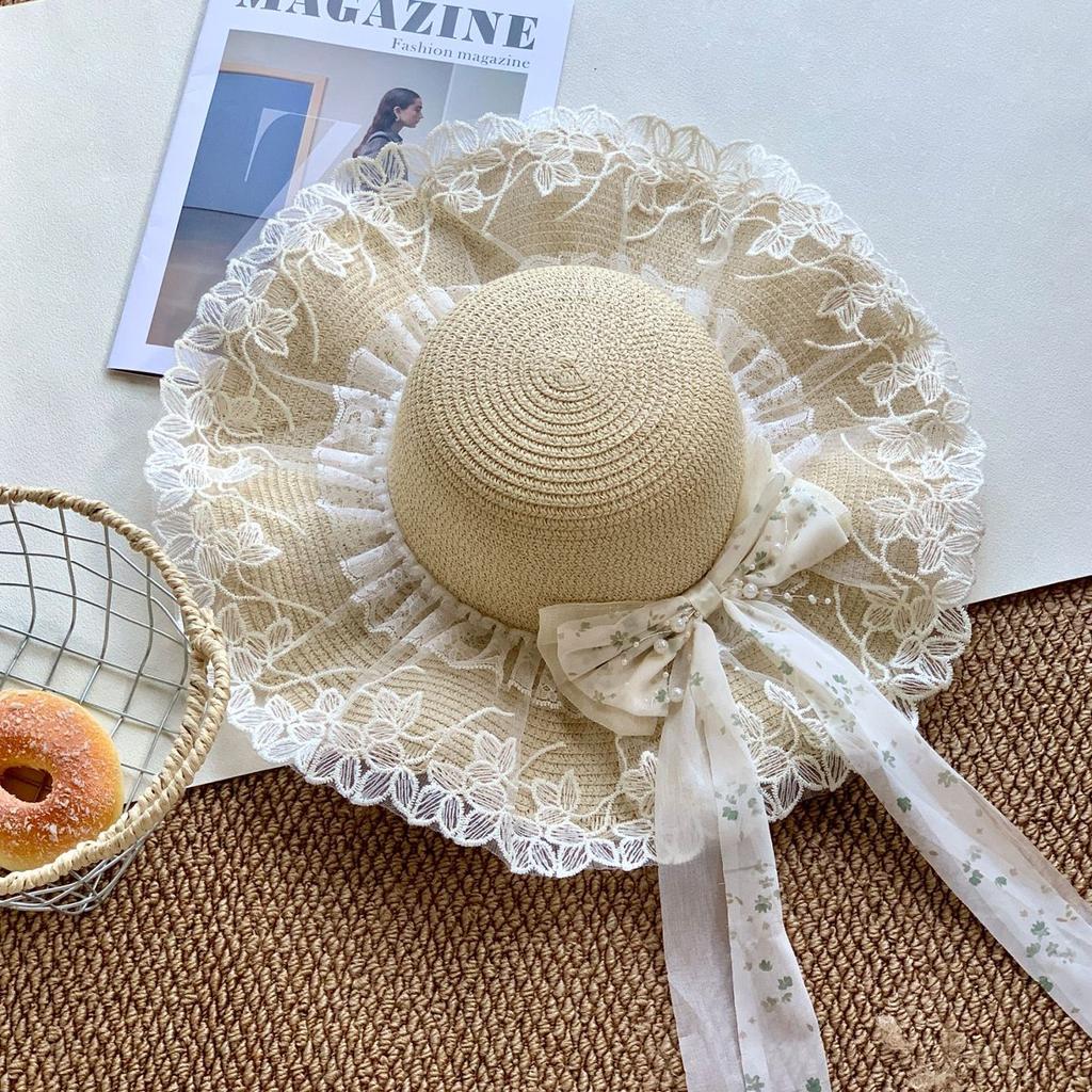 Small Fresh Pastoral Sweet Bow Sun Hat Children Beige Straw Hat Straw Hat Versatile Summer Photo