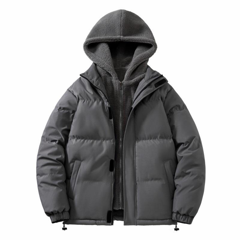 

Fake two-piece cotton-padded jacket for men in winter, loose and thickened warm fleece cotton-padded jacket, hooded cotton-padded jacket. M
