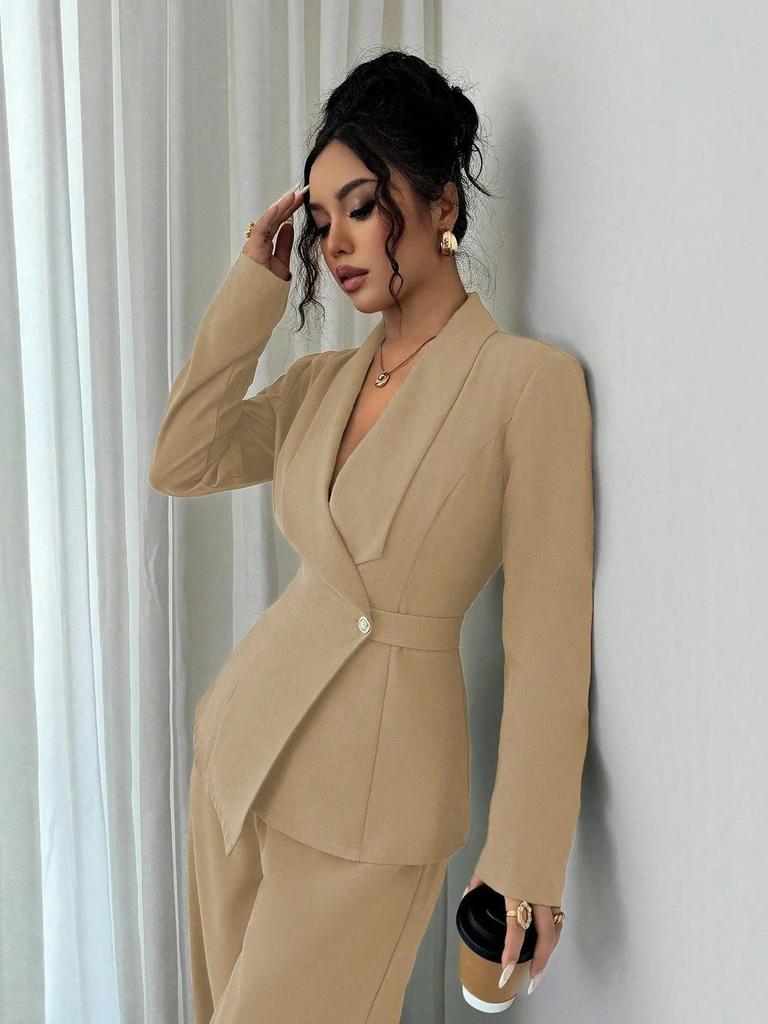 Women's European & American Spring/Autumn Fashion V-Neck Long Suit with Wide-Leg Pants Set