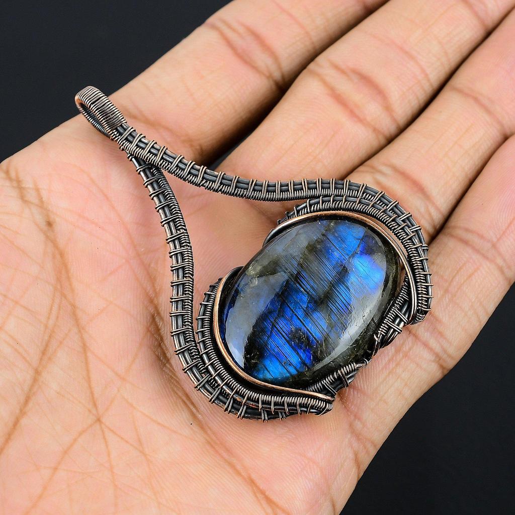 Labradorite Pendant, Handmade Gemstone 999 Copper Wire Wrapped Pendant Antique Jewelry, For Gift Silver Jewelry